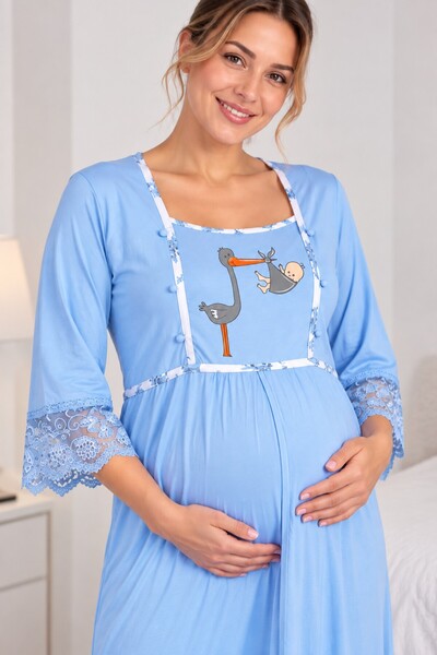 Alize Moda Cămașă de noapte pentru maternitate și sarcină, cu jumătate de mânecă, din țesătură Melisa, cu imprimeu Stork (cu caracteristică pentru alăptare)