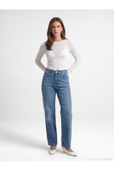 Dilvin 72365 Lyocell Blended Stoned Wide Leg Jeans-Blue