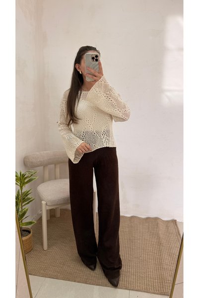 Hepsi Moda بنطلون تريكو ناعم الملمس واسع الأرجل - بني غامق