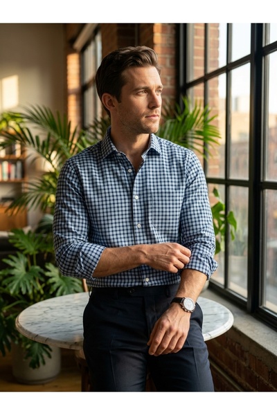 SÜVARİ Cămașă albastră cu mânecă lungă, croială lejeră, cu imprimeu în carour...