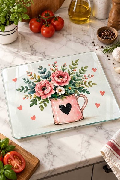 Generic Brand Glass Cutting Board with Flower Theme in Pink Cup - Glass Cutting Board |   20cm X 30cm