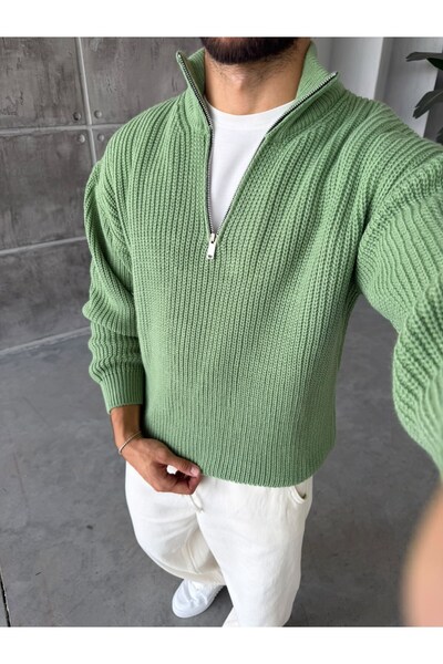 FO4RBS Half Zipper Ribbed Knit Sweater m Green
