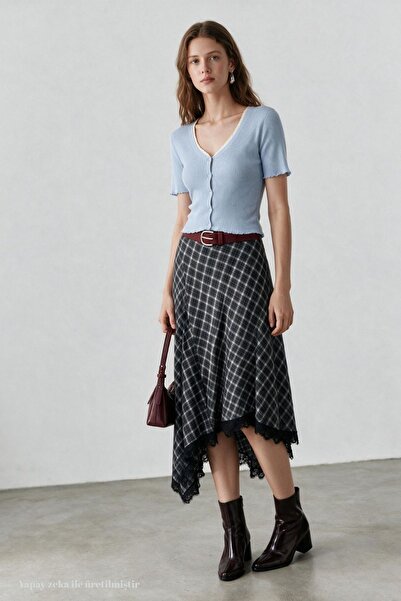 Babushka Asymmetrical Cut Lace Detailed Plaid Skirt