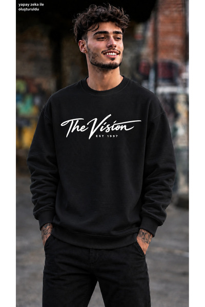 caddekombin Men's the Vision Est 1997 Calligraphy Printed Crew Neck Casual Re...