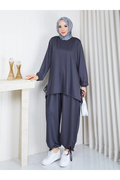 moda periy طقم ملابس مكون من قطعتين من غيزيم بمقاس كبير وربطة جانبية وسروال ف...