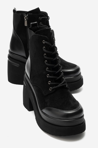 LuviShoes NORTON Siyah Süet Bağcıklı Fermuarlı Kadın Platform Topuklu Bot