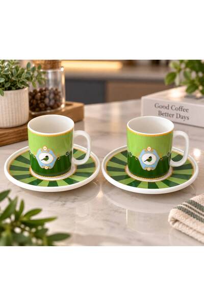NAROVA Green Bird Patterned Porcelain Luxury Turkish Coffee Cup Set for 2 Peo...