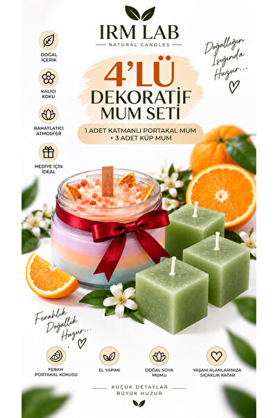 4'lü Dekoratif Mum Seti – Katmanlı Portakal Mum + 3'lü Küp Mum