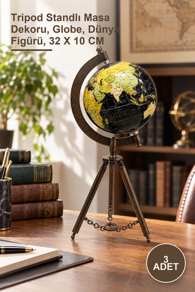 Yenilig 3 Adet Ahşap Tripot Ayaklı Dekoratif Dünya Küre – Tripod Standlı Masa Dekoru, Globe, Dünya Figürü, 32 X 10 CM