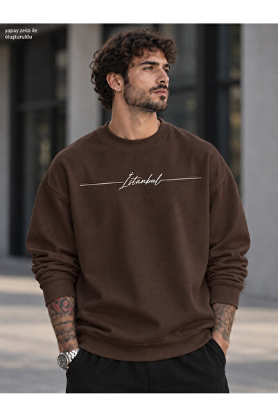 caddekombin Men's Istanbul Handwritten Striped Typographic Printed Crew Neck ...