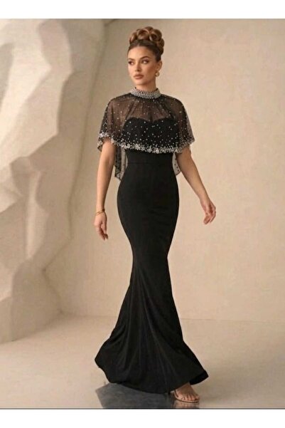 greymoda Rochie de seară cu pelerină și detalii din perle