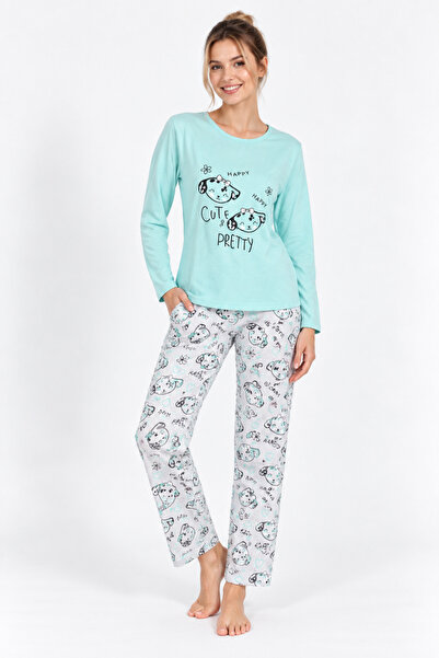 Ercan Pijama damă cu mânecă lungă și pantaloni, imprimeu ,,Cute, Pretty", blue