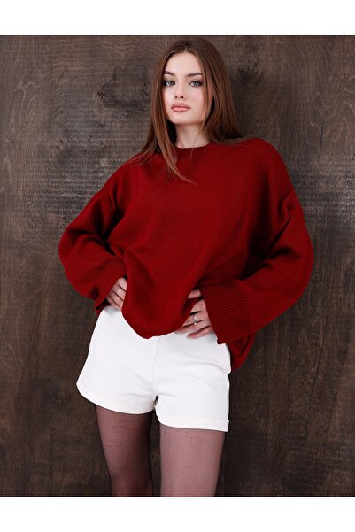 Kırlangıç Moda Burgundy Oversized Crew Neck Women's Knitwear Sweater