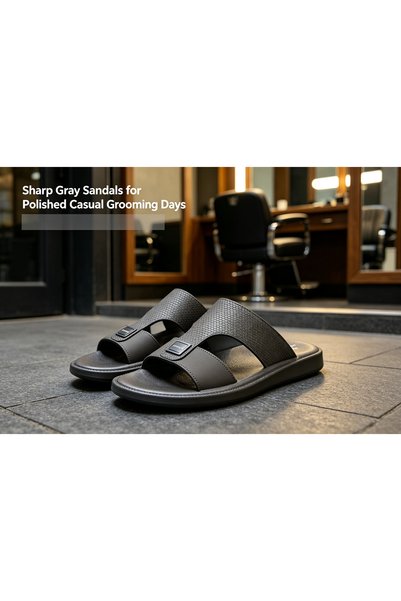 Huanhuan Shoe صندل رجالي بحزام على شكل حرف T، ذو سطح علوي مزخرف، نعل سميك مضا...