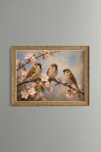 epiqart Three Sparrows on a Spring Branch - Vintage Patterned Painting - Fine...