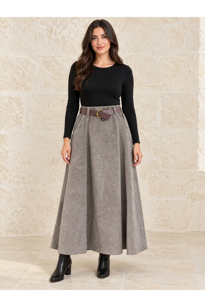 AGORATEKSTİL Women's Italian Shoni Velvet Belted Double Pocket Skirt 42-46