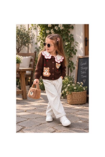 SİSABOOM 2-Piece Set with Girl's Collar Detail and Bear Punch Pattern