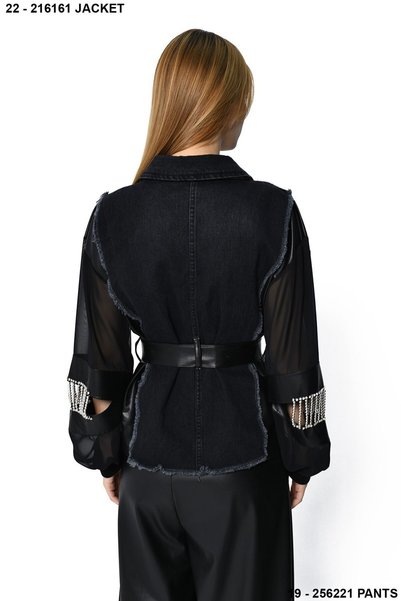 DQMANE Women's Black Tulle and Stone Detailed Belted Denim Jacket