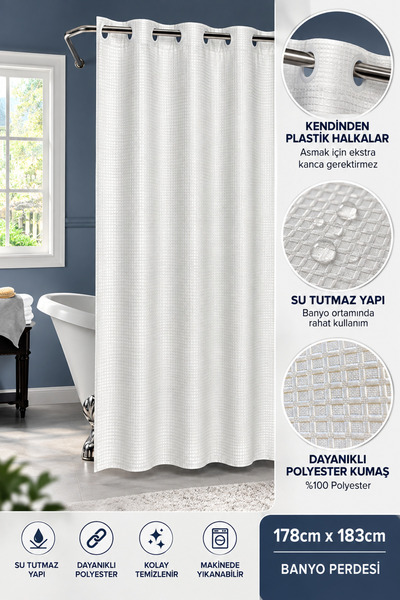 Binbirreyon Kendinden Halkalı Banyo Perdesi Duş Perdesi Su Tutmaz 178x183cm L...