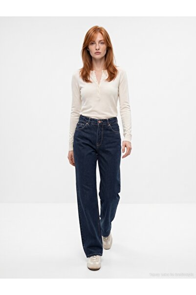 Dilvin 72369 100% Cotton Wide Leg Jean-Navy Blue
