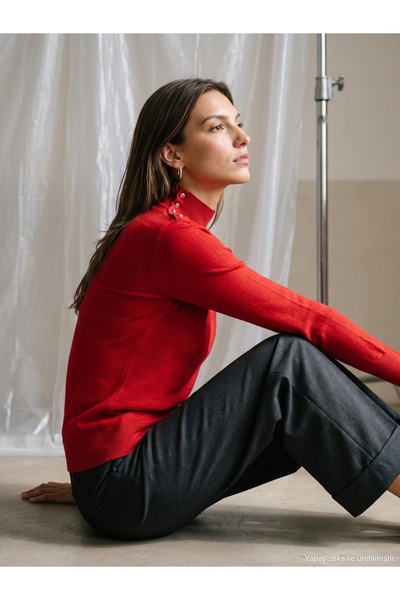 Dilvin 10877 Basic Stand Collar Buttoned Sweater-Red