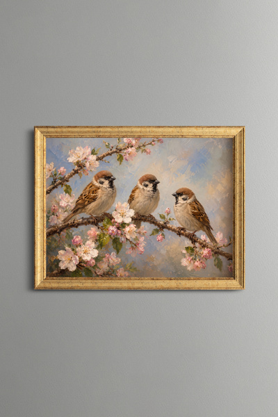 epiqart Three Sparrows on a Spring Branch - Vintage Patterned Painting - Fine...