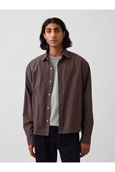 GAP Erkek Kahverengi Relaxed Crop Straight-Hem Oxford Gömlek