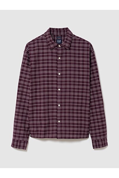 GAP Erkek Bordo Relaxed Crop Straight-Hem Oxford Gömlek
