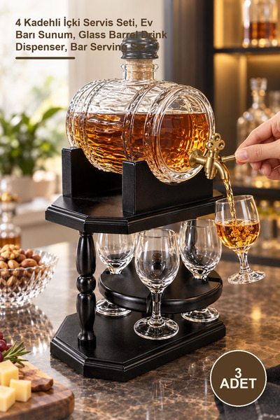 Yenilig 3 Glass Barrels with Wooden Stands – Drink Serving Set with 4 Glasses...