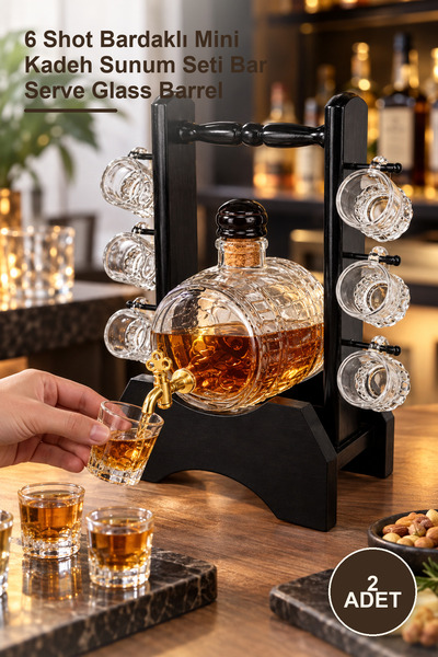 Yenilig 2-Piece Glass Barrel Liquor Serving Set with Wooden Stand – Mini Glas...