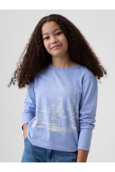 GAP Kız Çocuk Açık Mavi Logo Grafik Baskılı T-Shirt