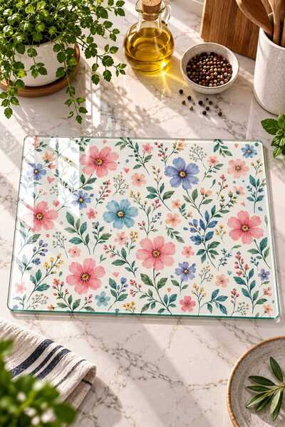 Generic Brand Glass Cutting Board with Floral Theme in Pastel Tones - Glass C...