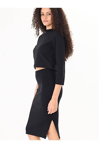 herkesemoda Kadın Siyah Crop Kazak Yüksel Bel Etek Triko Takım