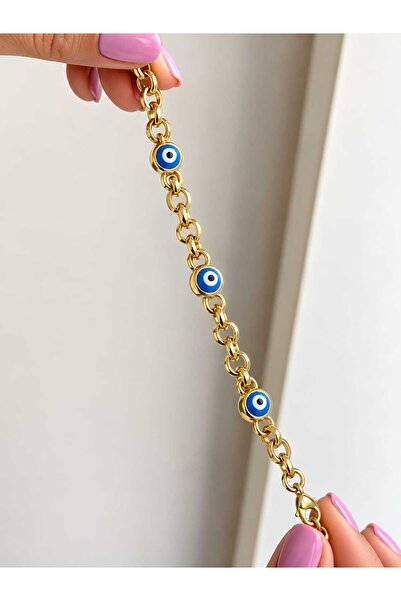 YONCA CM JEWELRY Premium 3"lü Nazar Boncuklu 14K Altın Kaplama Gold Zincir Ka...
