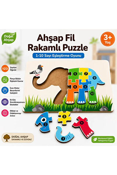 Hopiers Ahşap Fil Rakamlı Puzzle – 1-10 Sayı Eşleştirme Oyunu
