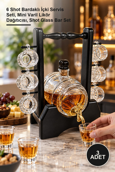 Yenilig 3-Piece Glass Barrel with Wooden Stand – Liquor Serving Set with 6 Sh...