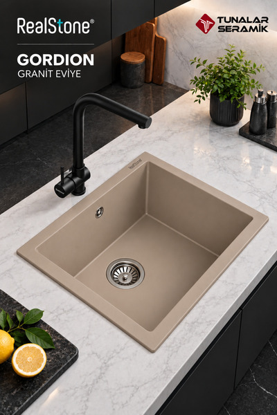 RealStone Real Stone Gordion 52 Granit Mutfak Eviyesi Cappucino 52X47 Cm