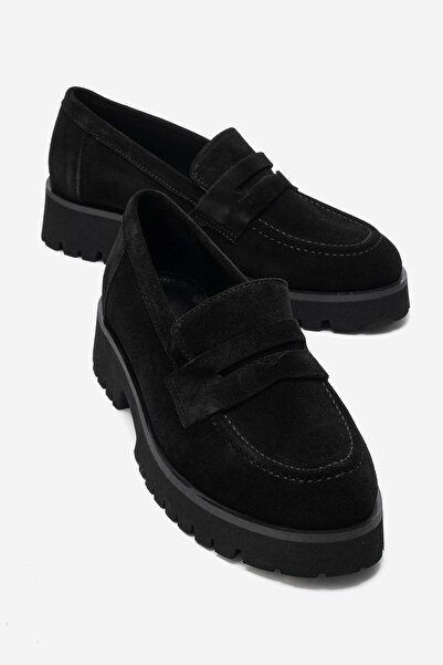 LuviShoes VIONEL Siyah Süet Hakiki Deri Kadın Loafer Ayakkabı
