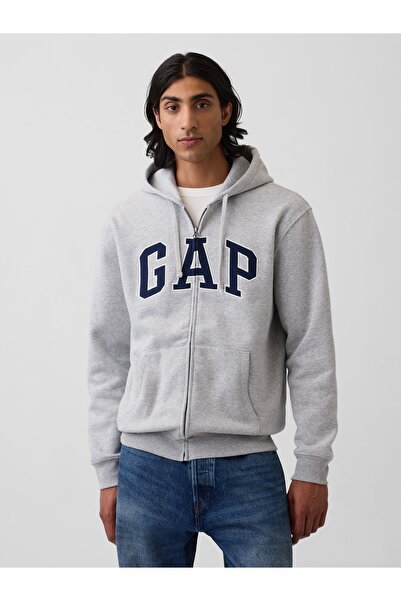 GAP Erkek Açık Gri VintageSoft Arch Logo Tam Fermuarlı Sweatshirt