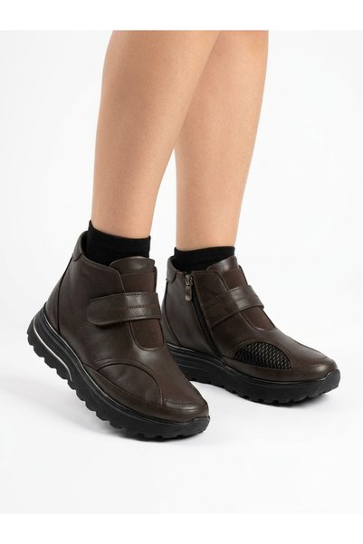 Tamdabu Ayakkabı Genuine Leather Brown Orthopedic Women's Boots with Special Comfort for Bone Protrusions, Velcro and Side Zipper