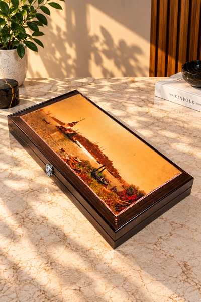 banabirhediye Luxury Large Size Classic Backgammon Set, Backgammon Set Maiden's Tower Themed, Gift Backgammon Dimensions: 49X24X6 cm
