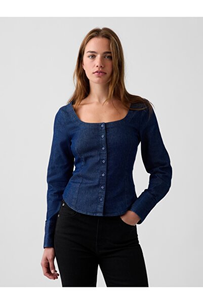 GAP Kadın Koyu Mavi Denim Scoop Neck Gömlek