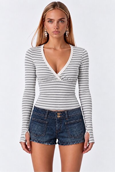 Up Trends Women's 95% Cotton Front Gathered Finger Detail V-Neck Slim Ribbed ...