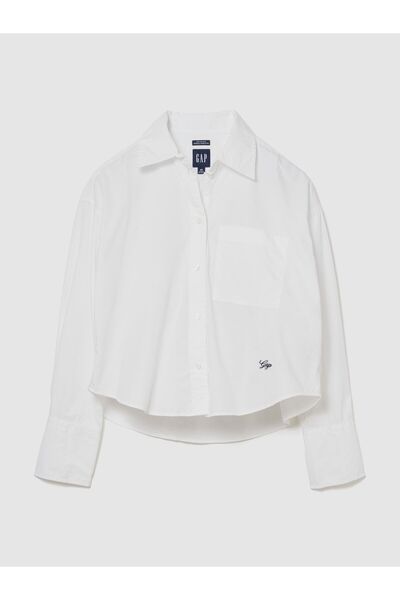 GAP Kadın Beyaz Organik Pamuk Poplin Oversized Crop Gömlek