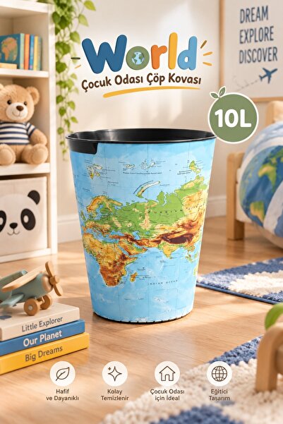 Nandy Kids Dünya Haritası Desenli 10 L Çocuk Odası Çöp Kovası ve Çok Amaçlı D...