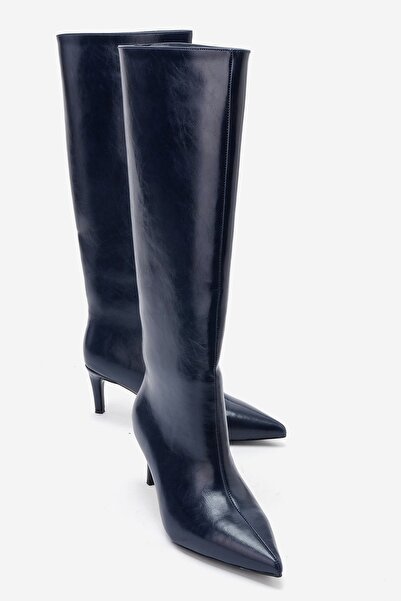 LuviShoes CAMİLA Lacivert Cilt Kadın Topuklu Çizme
