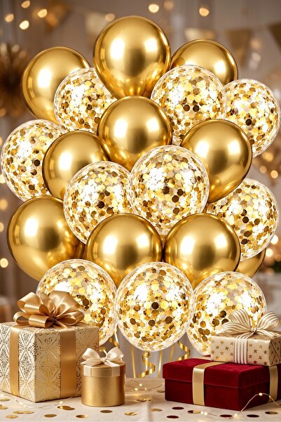 Onay Store 10 Metallic Gold Balloons and Transparent Balloons with Gold Confe...