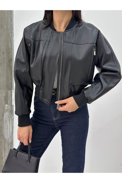 MODA DURAĞI Veyra Cep Detail Crop Faux Leather Jacket Black