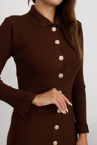 Kağanbutik Polo Collar Long Sleeve Buttoned Ribbed Knitted Midi Dress
