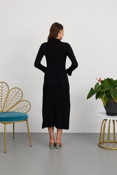 Kağanbutik Polo Collar Long Sleeve Buttoned Ribbed Knitted Midi Dress